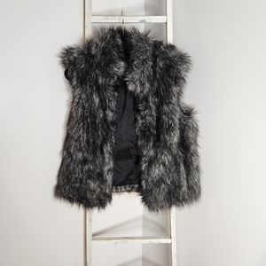 Ann Taylor womens Medium Large black faux fur open front vest